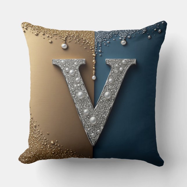 Letter V Monogram With Diamonds Pearls Throw Pillow (Front)