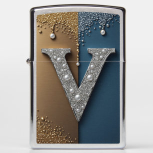 Letter V Monogram With Diamonds Pearls Zippo Lighter