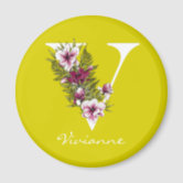 Letter P White Metallic Floral Monogram Magenta Magnet | Zazzle