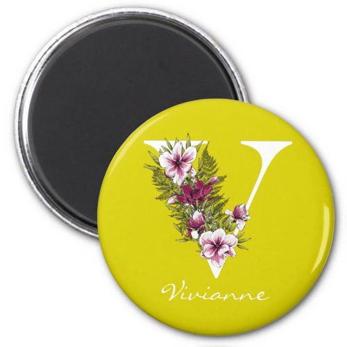 Letter V  Name  Floral White Metallic Monogram Magnet