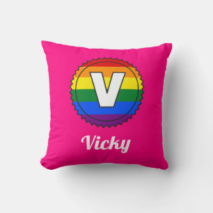 Letter V & Name Gay Pride Rainbow Monogram - Pink Throw Pillow