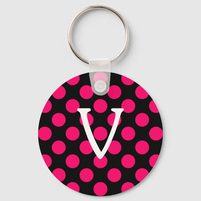 Letter V on Black Pink Polka Dots Keychain (Front)
