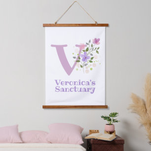 Letter V plus First Name with a Floral Design Hanging Tapestry
