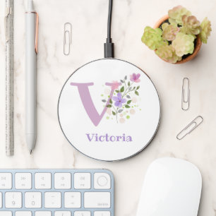 Letter V plus First Name with a Floral Design Wireless Charger