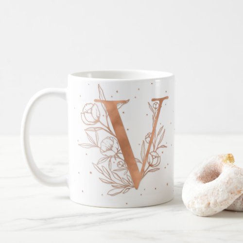 Letter V Rose Gold Monogram Botanical Illustration Coffee Mug