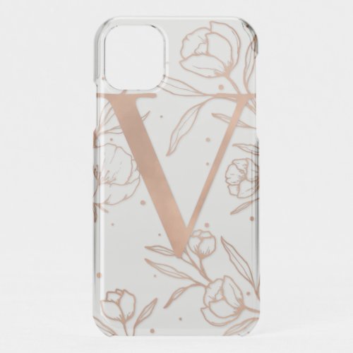 Letter V Rose Gold Monogram Botanical Illustration iPhone 11 Case