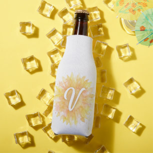 Letter V Sunflower First Name Monogram Initial Bottle Cooler