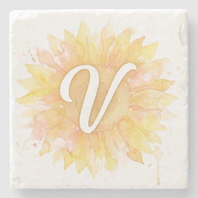 Letter V Sunflower First Name Monogram Initial  Stone Coaster (Front)
