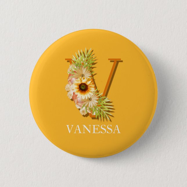 Letter V Sunflower Floral Monogram with Name Button (Front)