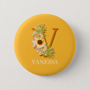 Letter V Sunflower Floral Monogram with Name Button