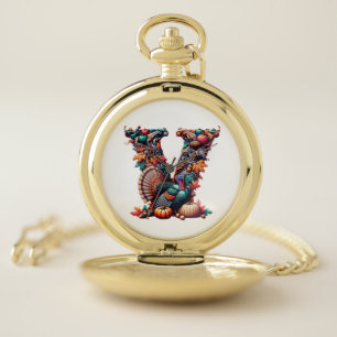 Letter V Thanksgiving turkey style gift Pocket Watch