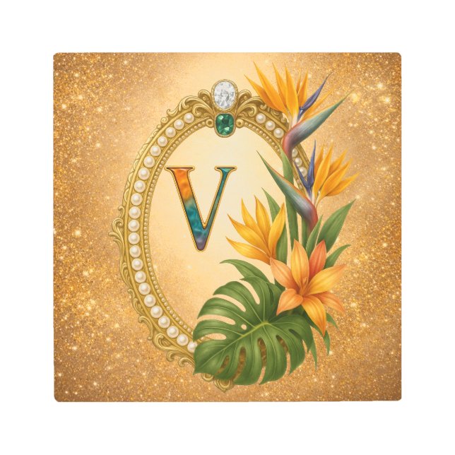 Letter V Tropical Gold Monogram Metal Wall Art (Front)