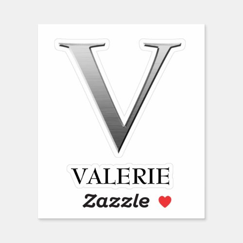 Letter V Two_Tone Silver Gray and Name Sticker