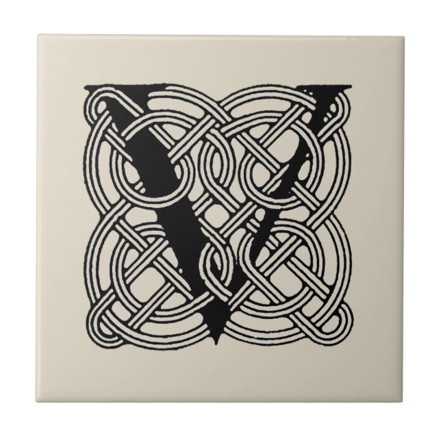 Letter V Vintage Celtic Knot Monogram Ceramic Tile (Front)