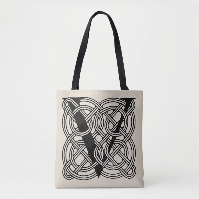 Letter V Vintage Celtic Knot Monogram Tote Bag (Front)