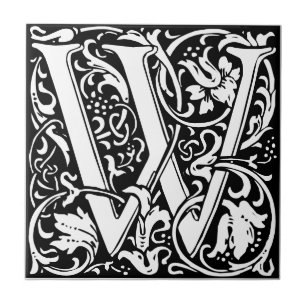 Letter W art nouveau black and white Tile