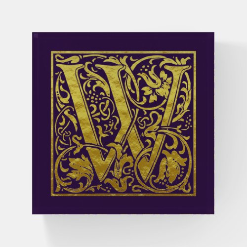 Letter W First Letter Faux Gold on Regal Purple Paperweight