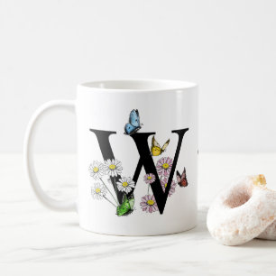 Letter W Floral Butterfly Monogram Initial   Coffee Mug