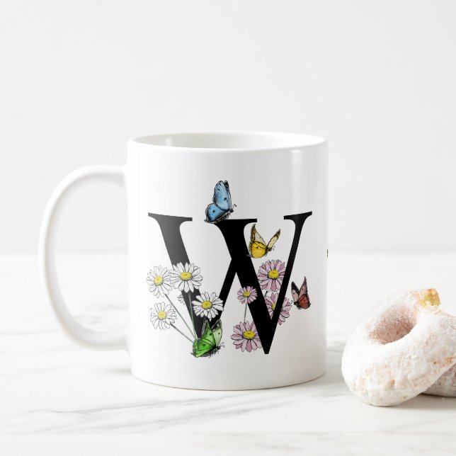 Letter W Floral Butterfly Monogram Initial   Coffee Mug (With Donut)