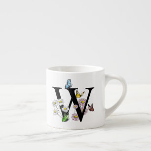 Letter W Floral Butterfly Monogram Initial  Espresso Cup