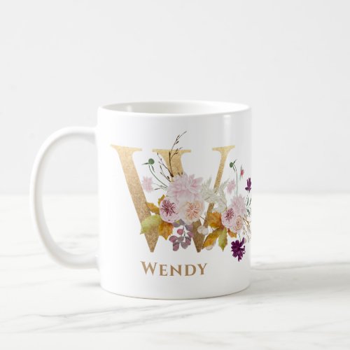 Letter W _ Gold Floral Name sister coworker friend Coffee Mug