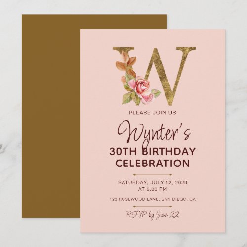 Letter W Gold Monogram Blush Pink Roses Invitation