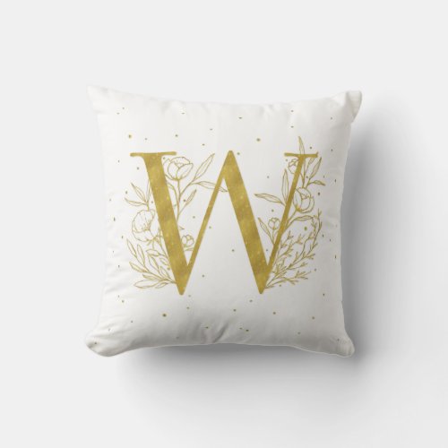Letter W Gold Monogram Botanical Illustration Throw Pillow