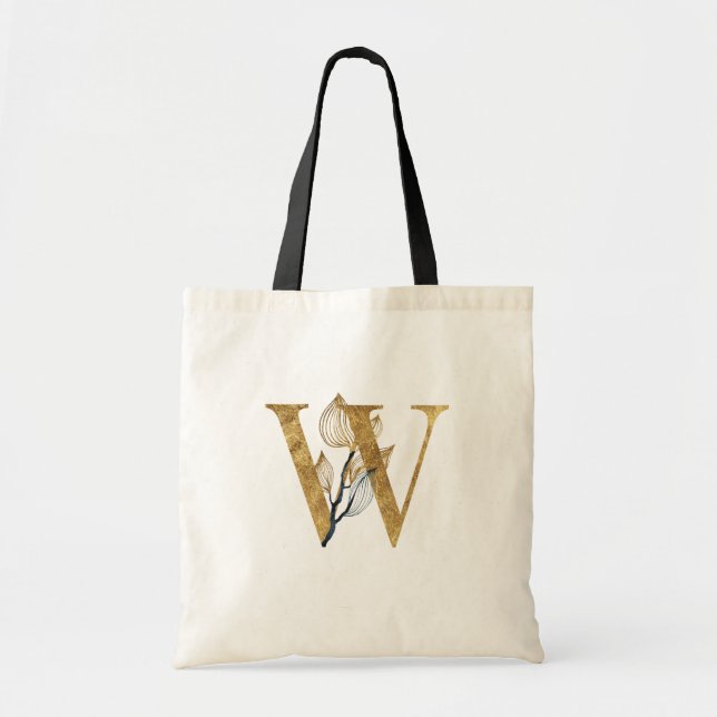 *~* Letter W Gold Monogram Initial Black Leaves Tote Bag (Front)