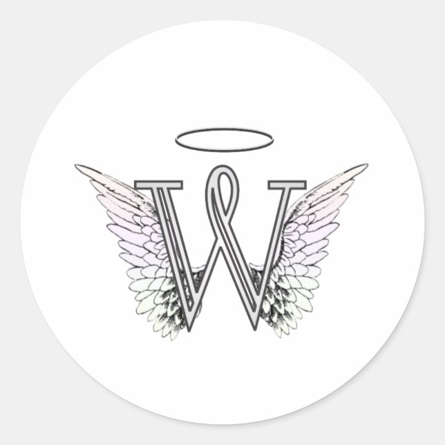 Letter W Initial Monogram with Angel Wings & Halo Classic Round Sticker (Front)
