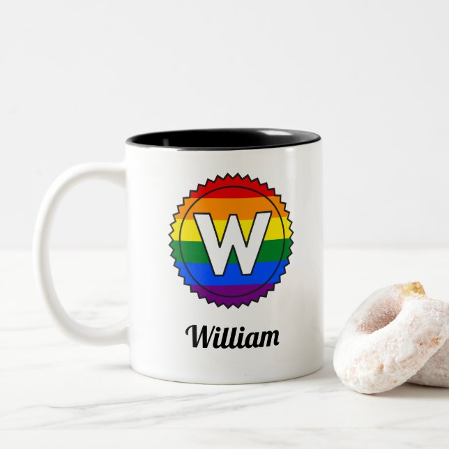 Letter W Initial & Name Gay Pride Rainbow Monogram Two-Tone Coffee Mug (With Donut)