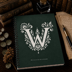 Letter W Linocut Botanical Monogram Notebook