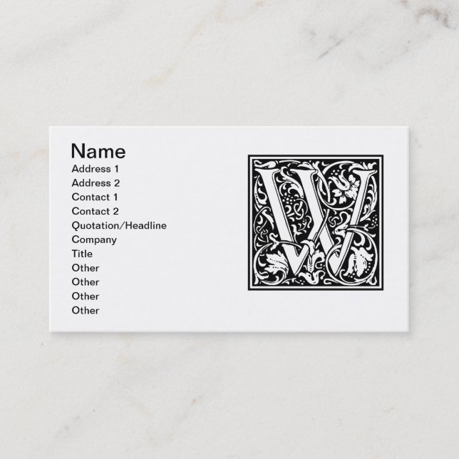 Letter W Medieval Monogram Art Nouveau Business Card (Front)