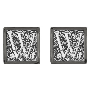 Letter W Medieval Monogram Art Nouveau Gunmetal Finish Cufflinks