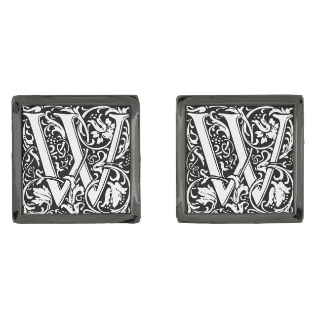 Letter W Medieval Monogram Art Nouveau Gunmetal Finish Cufflinks (Front)