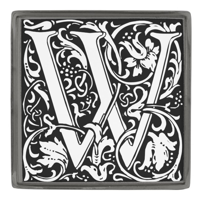Letter W Medieval Monogram Art Nouveau Gunmetal Finish Lapel Pin (Front)