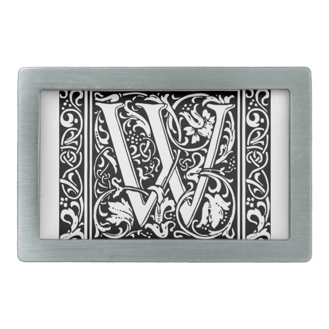 Letter W Medieval Monogram Art Nouveau Rectangular Belt Buckle (Front)