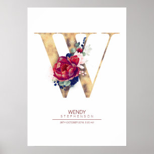 Letter W Monogram Floral Navy Blue and Burgundy Poster