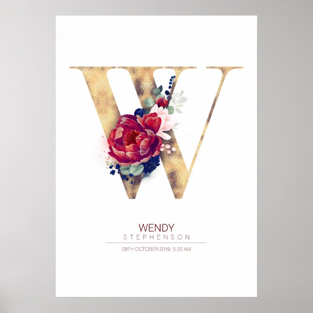 Letter W Monogram Floral Navy Blue and Burgundy Poster (Front)