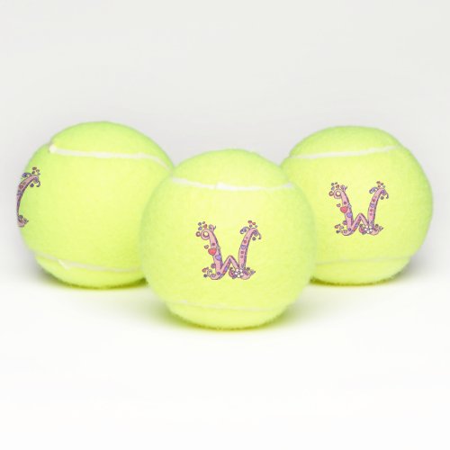 Letter W monogram girls personalized doodle art Tennis Balls