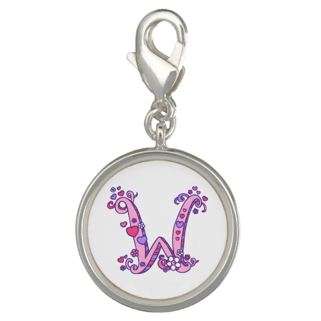 Letter W monogram heart flower pink art charm (Front)