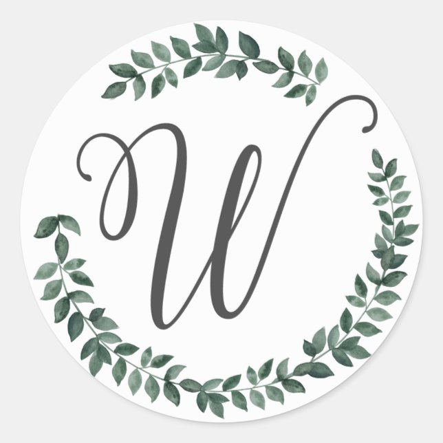 Letter W Monogram Minimalist Botanical Leaf Wreath Classic Round Sticker (Front)