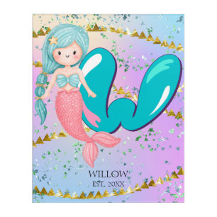 Letter W Monogram Watercolor Cute Mermaid Nursery Acrylic Print
