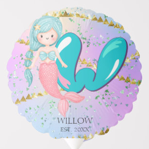 Letter W Monogram Watercolor Cute Mermaid Nursery Balloon