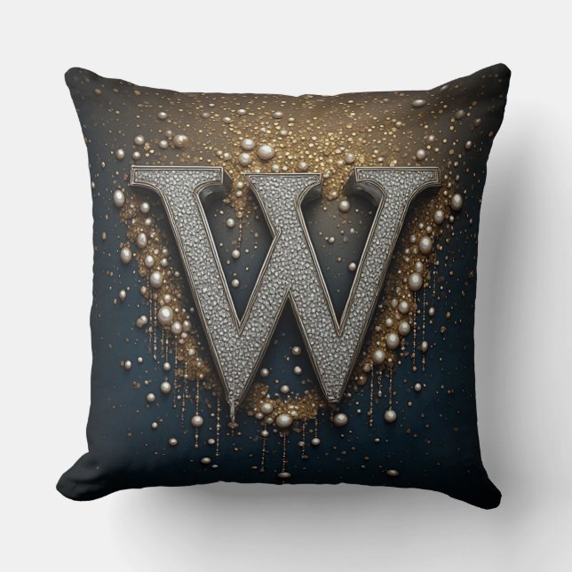 Letter W Monogram With Diamonds Pearls Throw Pillow (Front)