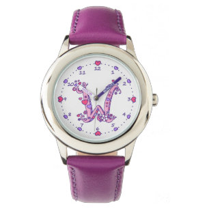 Letter W pink monogram personalized girls watch