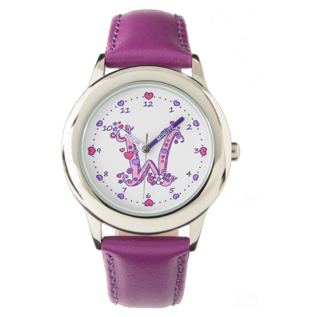 Letter W pink monogram personalized girls watch (Front)