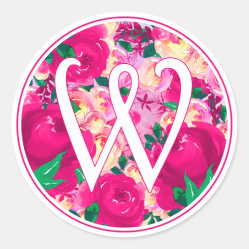 Letter W Pink Watercolor Floral Circle Monogram Classic Round Sticker