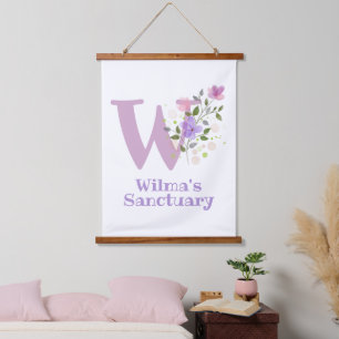 Letter W plus First Name with a Floral Design Hanging Tapestry