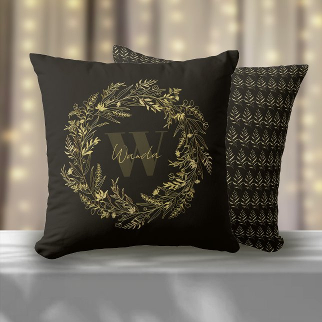 Letter W Warm Gold Botanical Monogram Throw Pillow (Creator Uploaded)