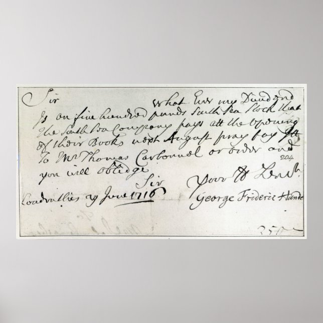 Letter written by Handel, June 1716 Poster (Front)
